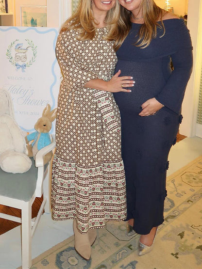 Vestido Largo De Maternidad Con Hombros Descubiertos Y Flores 3D Para Sesión De Fotos y Baby Shower