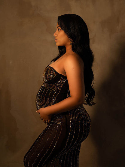 Vestido Midi Bodycon Elegante Brillante Diamante Rhinestone Sheer Fotos Maternidad