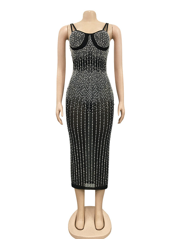 Vestido Midi Bodycon Elegante Brillante Diamante Rhinestone Sheer Fotos Maternidad