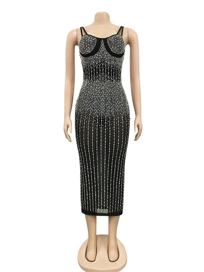 Vestido Midi Bodycon Elegante Brillante Diamante Rhinestone Sheer Fotos Maternidad