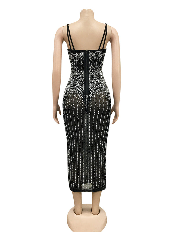 Vestido Midi Bodycon Elegante Brillante Diamante Rhinestone Sheer Fotos Maternidad