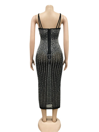 Vestido Midi Bodycon Elegante Brillante Diamante Rhinestone Sheer Fotos Maternidad
