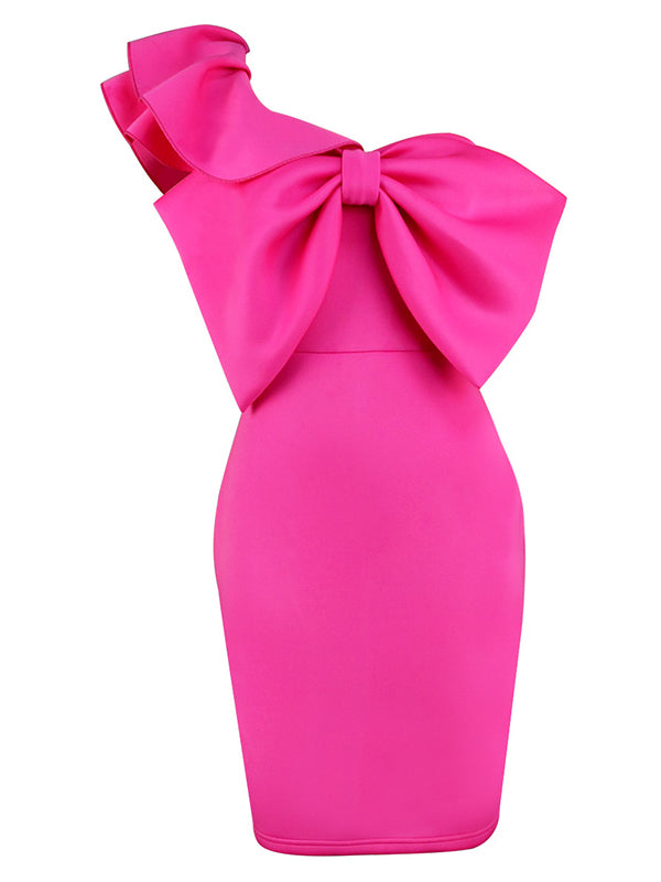 Rosa Roja Volantes Con Lazo Un Hombro Ajustado Tallas Grandes Elegante Vestidos Para Baby Shower