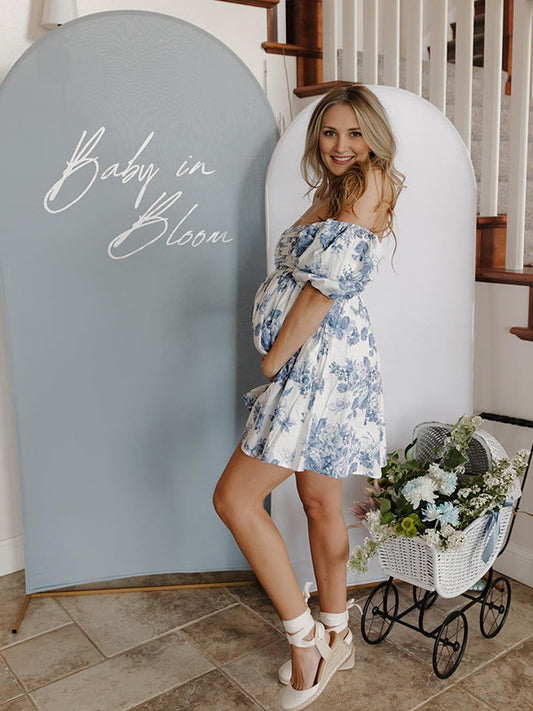 Azul Floral Acanalado Sin Hombros Línea A Manga Globo Dulce Para Baby Shower Fotografía Maternidad Vestido Mini