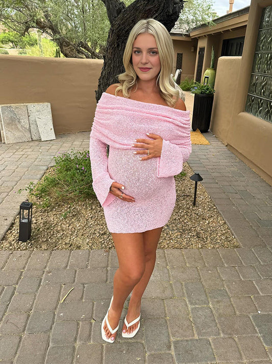 Rosa Sin Hombros Prendas De Punto Ajustado Vestido Para Salir Vestido De Maternidad Para Baby Shower