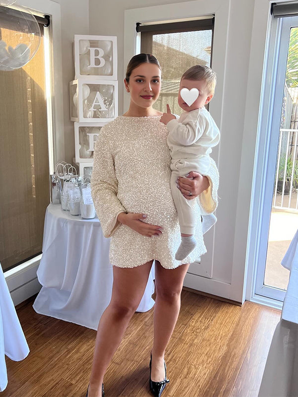 Vestido Mini de Maternidad Con Lentejuelas y Lazo para Fiesta y Baby Shower