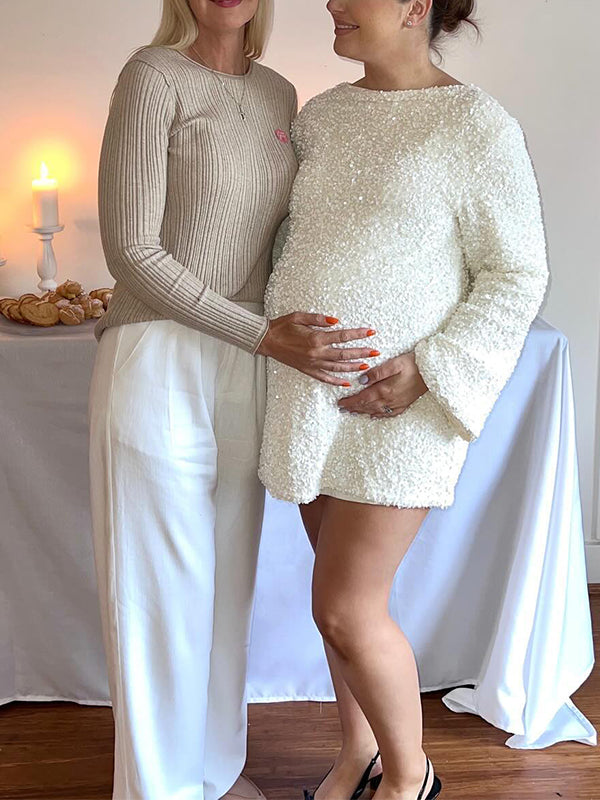 Vestido Mini de Maternidad Con Lentejuelas y Lazo para Fiesta y Baby Shower