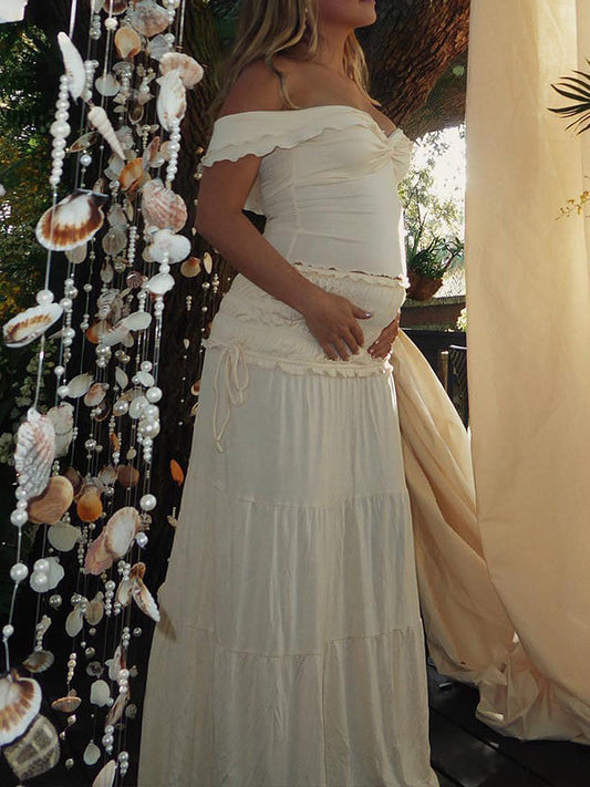 Blanco Marfil Dos Piezas Desactivar Hombro Falbala De Volantes Bodycon Elegante Maternidad Boho Sesión De Fotos Baby Shower Maxi Vestido