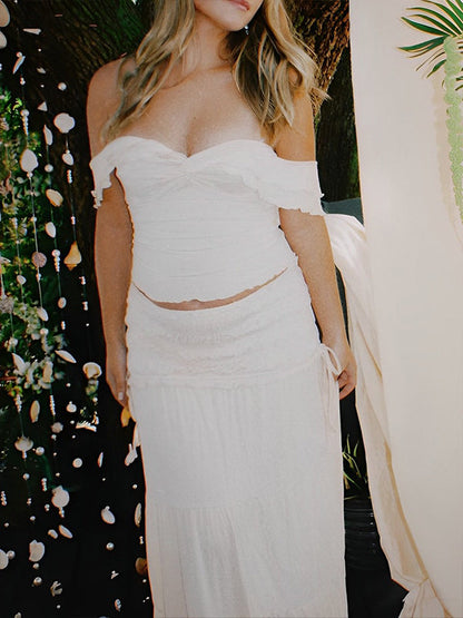 Blanco Marfil Dos Piezas Desactivar Hombro Falbala De Volantes Bodycon Elegante Maternidad Boho Sesión De Fotos Baby Shower Maxi Vestido