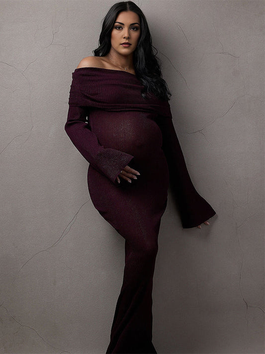 Vestido Maxi de Maternidad Elegante con Manga Acampanada para Sesiones de Fotos