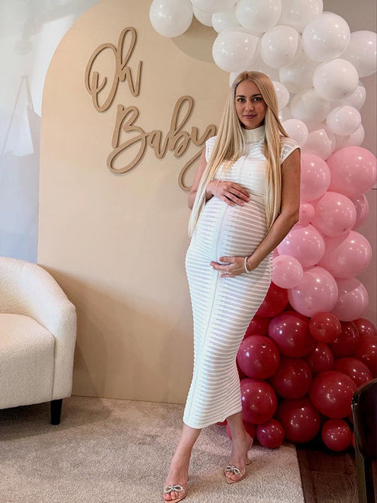 Vestido Maxi de Maternidad de Punto a Rayas con Abertura para Baby Shower