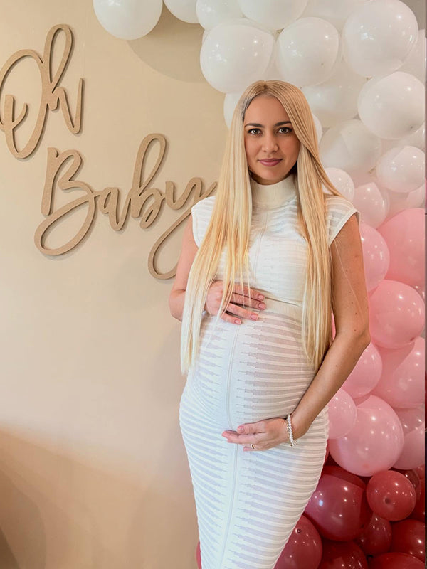 Vestido Maxi de Maternidad de Punto a Rayas con Abertura para Baby Shower