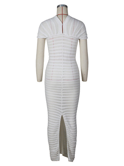 Vestido Maxi de Maternidad de Punto a Rayas con Abertura para Baby Shower