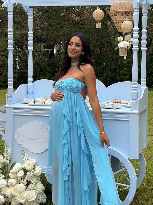 Vestido Largo De Maternidad Elegante Con Sin Tirantes Y Volantes Para Baby Shower