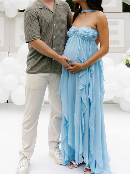 Vestido Largo De Maternidad Elegante Con Sin Tirantes Y Volantes Para Baby Shower