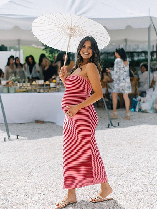 Vestido Para Baby Shower Con Rayas Génerodepunto Escote Y Hombros Descubiertos