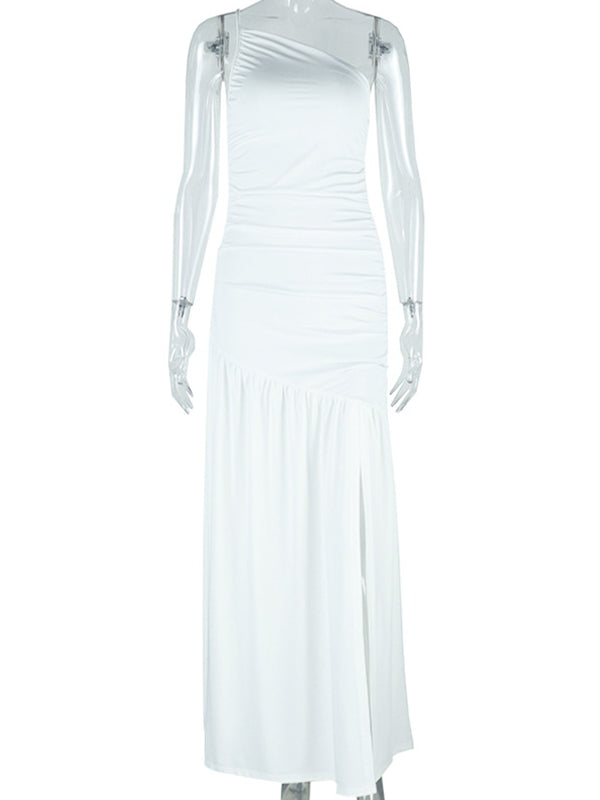 Vestido Maxi de Maternidad Un Hombro Fruncido con Abertura para Baby Shower