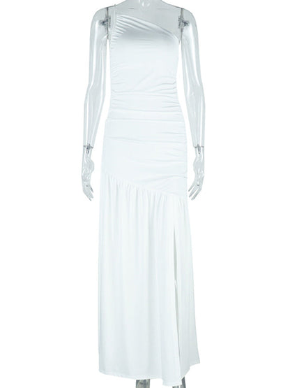 Vestido Maxi de Maternidad Un Hombro Fruncido con Abertura para Baby Shower