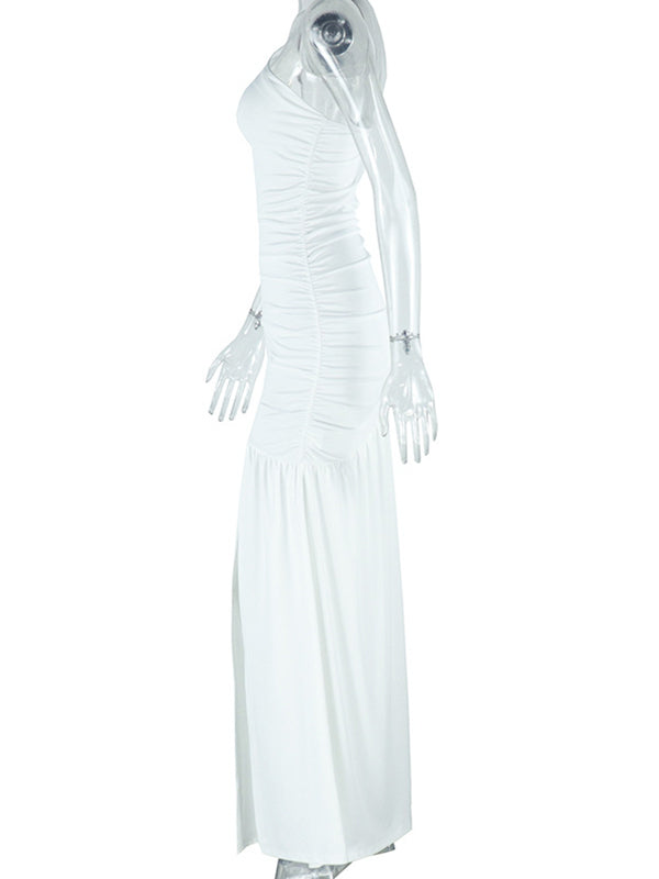 Vestido Maxi de Maternidad Un Hombro Fruncido con Abertura para Baby Shower