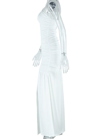 Vestido Maxi de Maternidad Un Hombro Fruncido con Abertura para Baby Shower