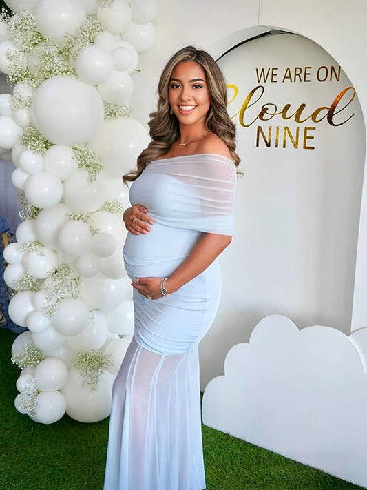 Vestido Largo Elegante De Maternidad Para Baby Shower Con Hombros Descubiertos