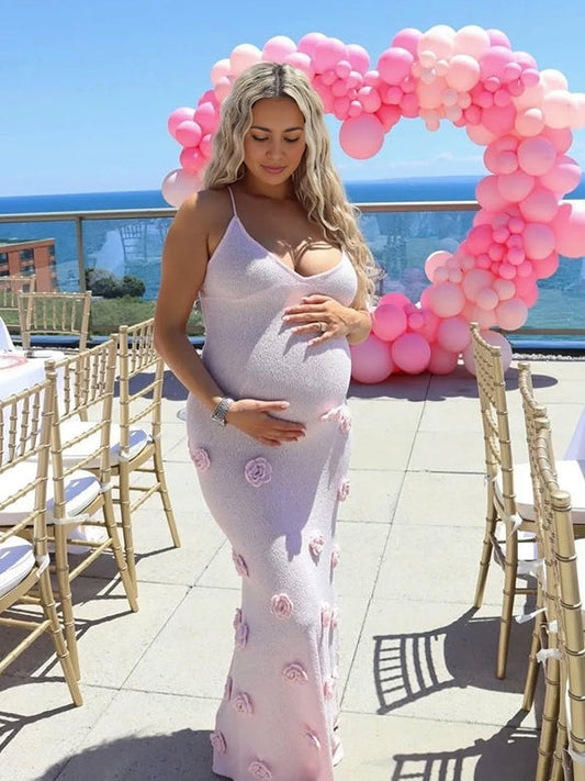 Vestido Maxi Elegante De Maternidad Para Baby Shower Con Espalda Descubierta Y Flores 3D Tejidas