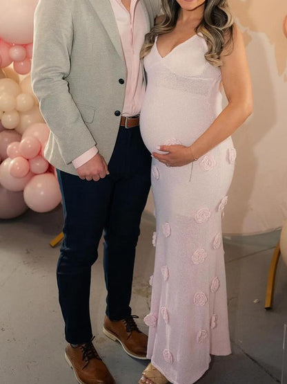 Vestido Maxi Elegante De Maternidad Para Baby Shower Con Espalda Descubierta Y Flores 3D Tejidas