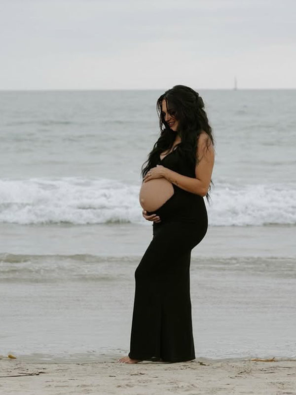 Vestido Largo De Maternidad Con Tirantes Finos Y Volantes Para Sesión De Fotos