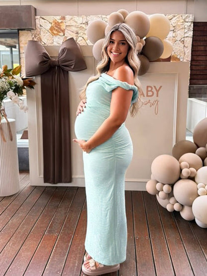 Vestido Maxi de Maternidad Un Hombro Asimétrico Fruncido para Baby Shower