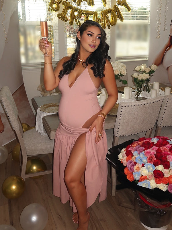 Vestido Maxi de Maternidad con Nudo Abertura y Tirantes para Baby Shower