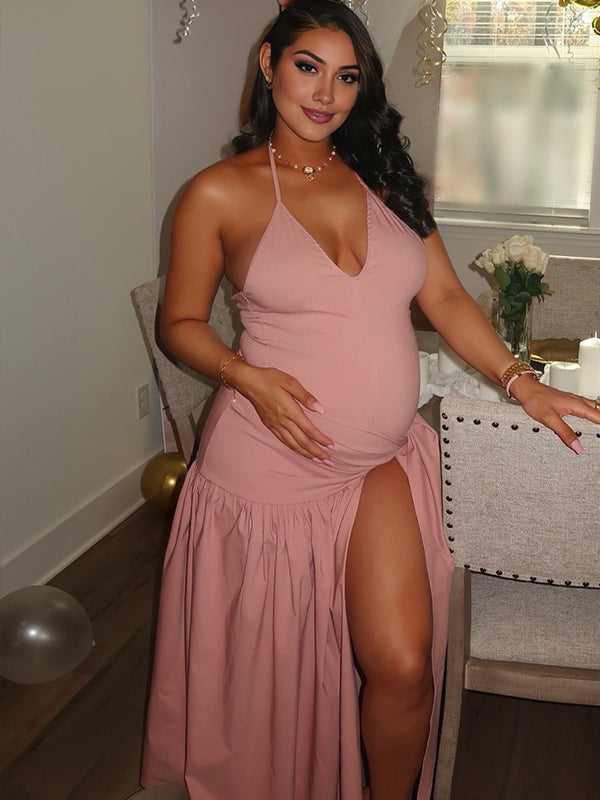 Vestido Maxi de Maternidad con Nudo Abertura y Tirantes para Baby Shower