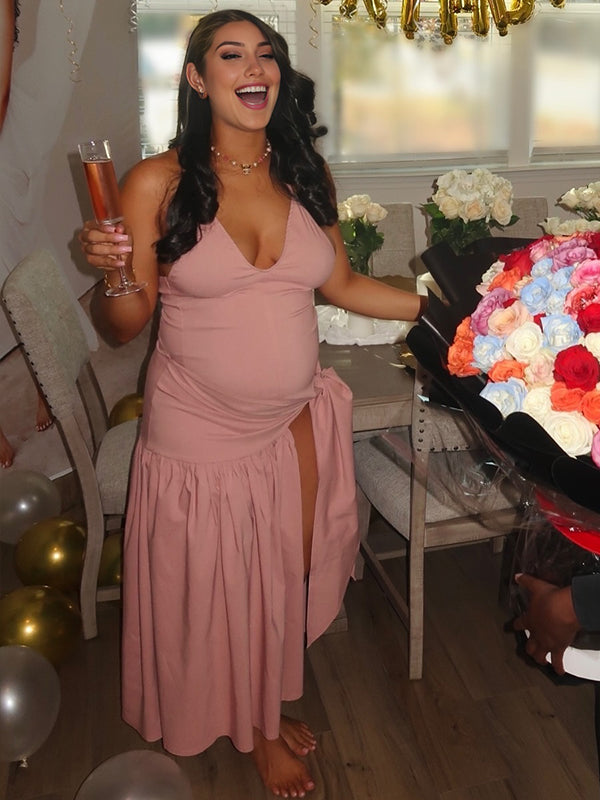 Vestido Maxi de Maternidad con Nudo Abertura y Tirantes para Baby Shower