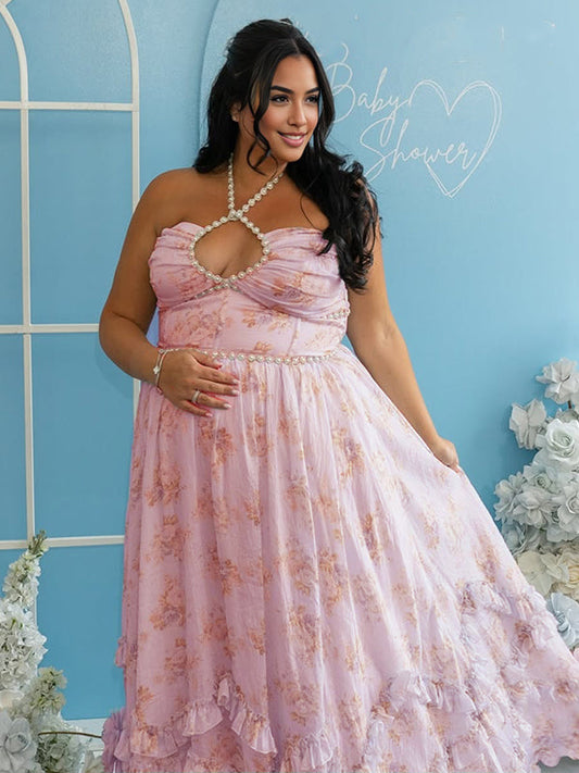 Vestido Elegante De Maternidad Con Volantes Florales Y Perlas Para Baby Shower