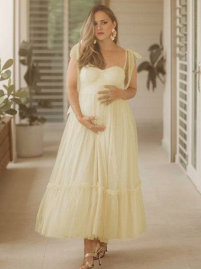 Vestido Maxi De Maternidad Elegante Con Lunares Y Gran Vuelo Para Sesión De Fotos