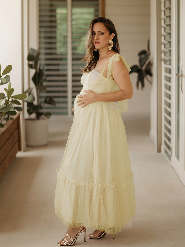Vestido Maxi De Maternidad Elegante Con Lunares Y Gran Vuelo Para Sesión De Fotos