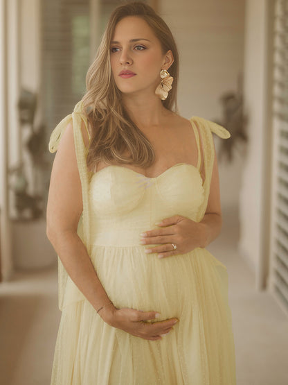 Vestido Maxi De Maternidad Elegante Con Lunares Y Gran Vuelo Para Sesión De Fotos