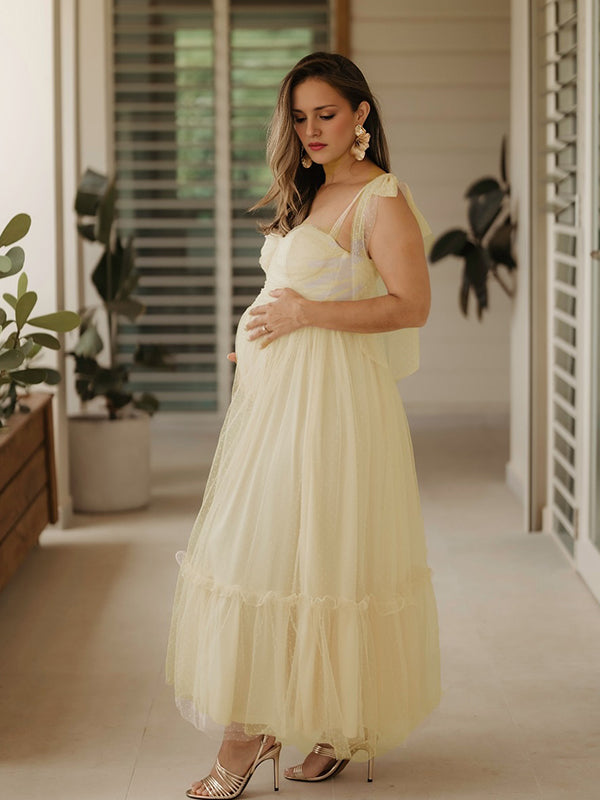 Vestido Maxi De Maternidad Elegante Con Lunares Y Gran Vuelo Para Sesión De Fotos