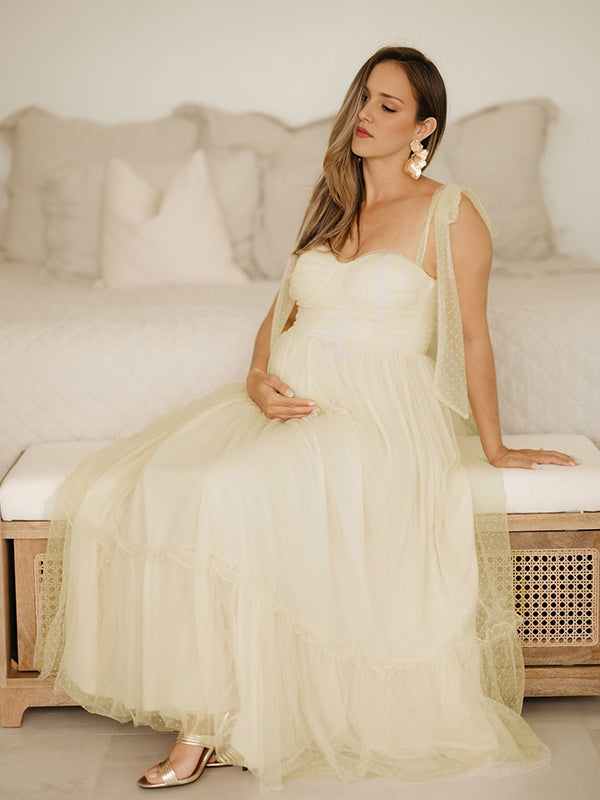 Vestido Maxi De Maternidad Elegante Con Lunares Y Gran Vuelo Para Sesión De Fotos