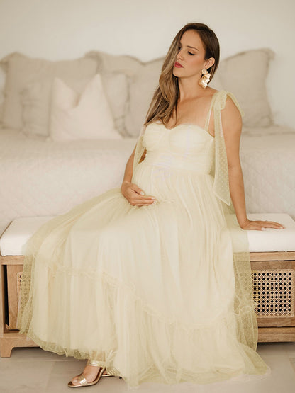 Vestido Maxi De Maternidad Elegante Con Lunares Y Gran Vuelo Para Sesión De Fotos