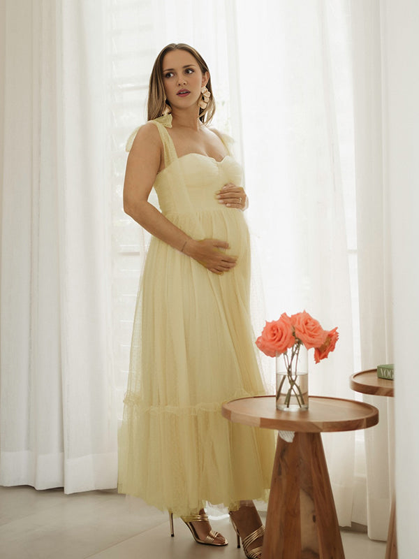 Vestido Maxi De Maternidad Elegante Con Lunares Y Gran Vuelo Para Sesión De Fotos