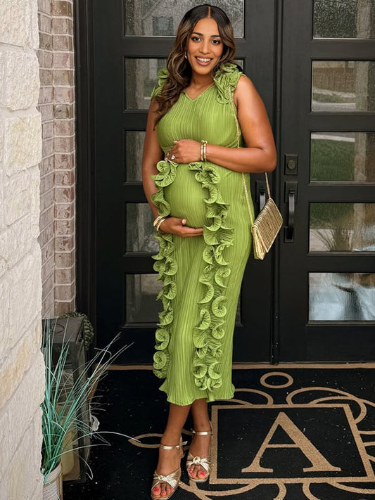 Vestido Maxi Maternidad Elegante con Volantes y Pliegues para Baby Shower
