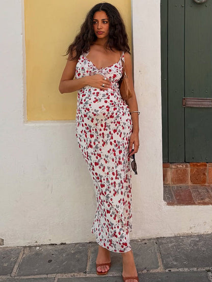 Vestido Maxi Maternidad Chic de Tirantes con Volantes y Estampado