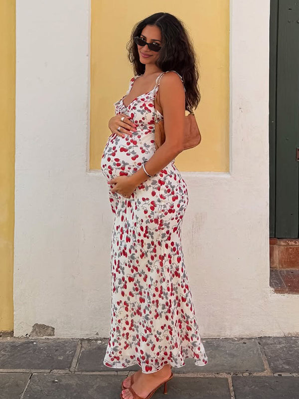Vestido Maxi Maternidad Chic de Tirantes con Volantes y Estampado