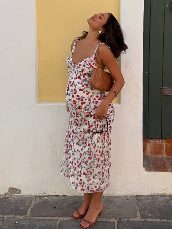 Vestido Maxi Maternidad Chic de Tirantes con Volantes y Estampado