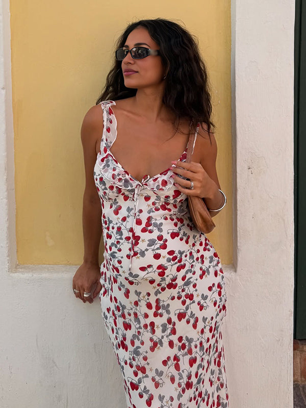 Vestido Maxi Maternidad Chic de Tirantes con Volantes y Estampado