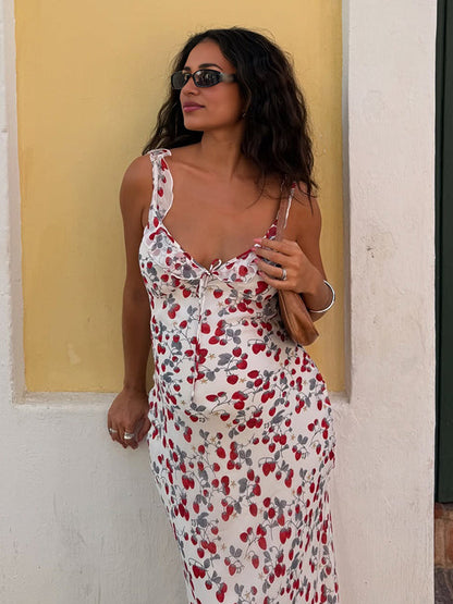Vestido Maxi Maternidad Chic de Tirantes con Volantes y Estampado