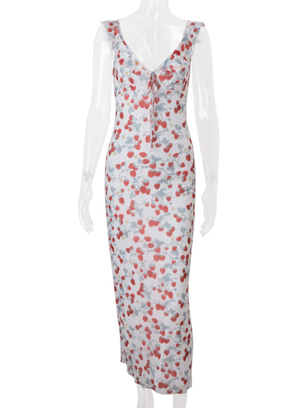 Vestido Maxi Maternidad Chic de Tirantes con Volantes y Estampado