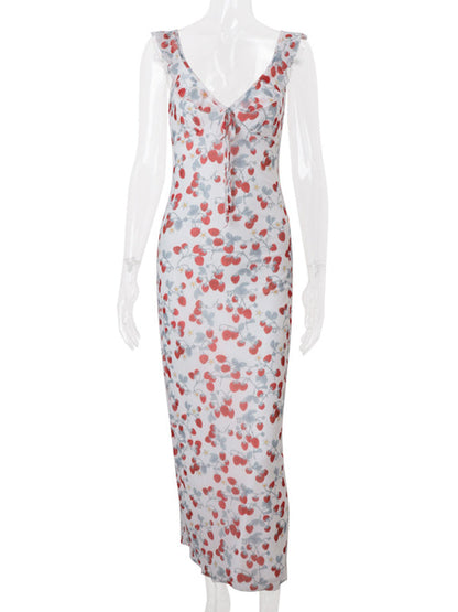 Vestido Maxi Maternidad Chic de Tirantes con Volantes y Estampado