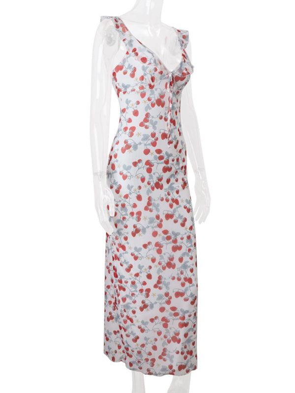 Vestido Maxi Maternidad Chic de Tirantes con Volantes y Estampado