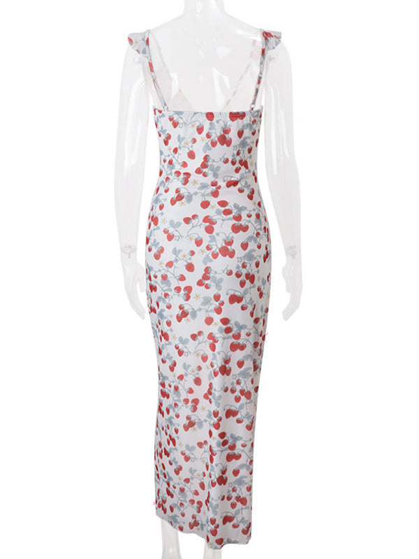 Vestido Maxi Maternidad Chic de Tirantes con Volantes y Estampado